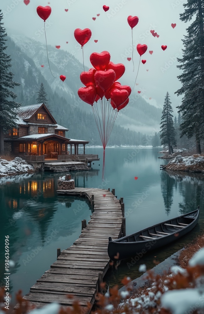 Fototapeta premium Cozy wooden lodge on snowy lake shore with heart balloons. Rustic pier, canoe, winter mountain landscape. Romantic getaway scene with calm water and fir trees.