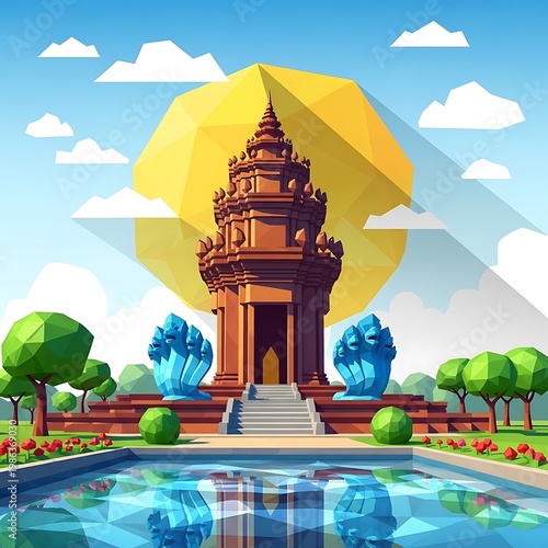 Low poly buddhist temple with pool and trees southeast asia buddhist