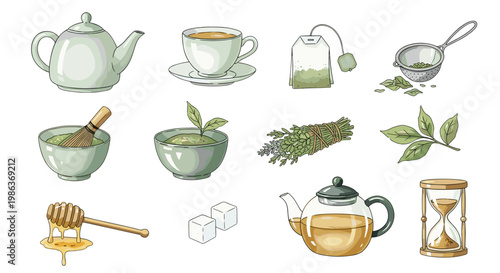 Collection of tea accessories and herbs