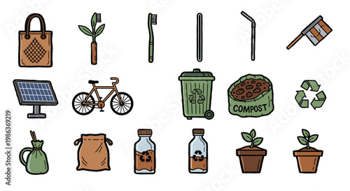 Collection of ecofriendly and sustainable gardening and recycling tools