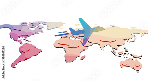World map with airplane flying over continents and countries
