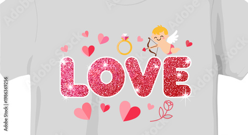 Cute romantic illustration with love text, hearts, and cupid character