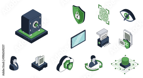 Collection of cybersecurity and data protection icons and illustrations