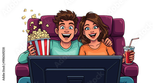 Happy young couple watching movie together on sofa with snacks and drinks