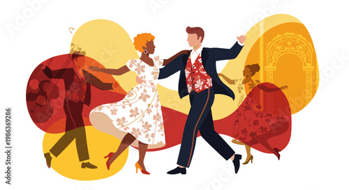 Couple dancing in vintage style costumes with lively background