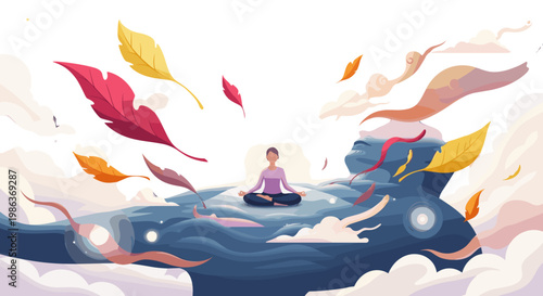 Person practicing meditation on a rock surrounded by colorful leaves
