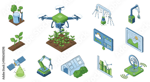 Set of illustrations depicting various agricultural and farming equipment