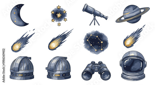 Collection of space exploration objects including helmets telescopes and planets