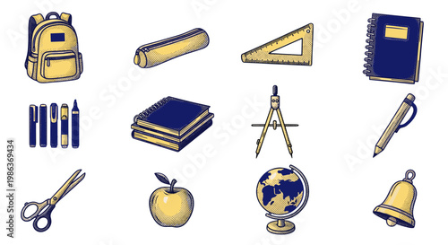 Collection of school supplies including books scissors and globe