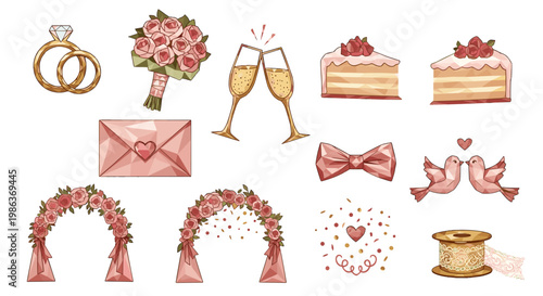 Set of romantic wedding icons including rings flowers and cake