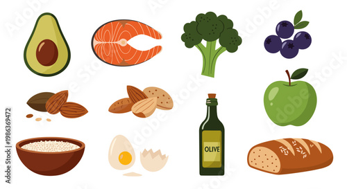 Healthy food ingredients including avocado salmon broccoli and olive