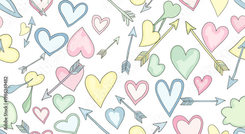 Colorful handdrawn hearts and arrows pattern
