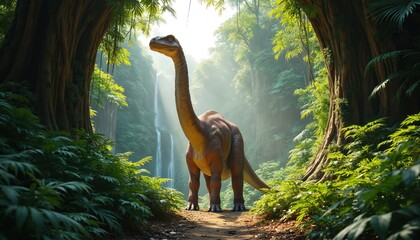 Long neck dinosaur walks path near waterfall in rich jungle. Ancient reptile among green plants with sun rays. Prehistoric creature explores dense forest and foliage.