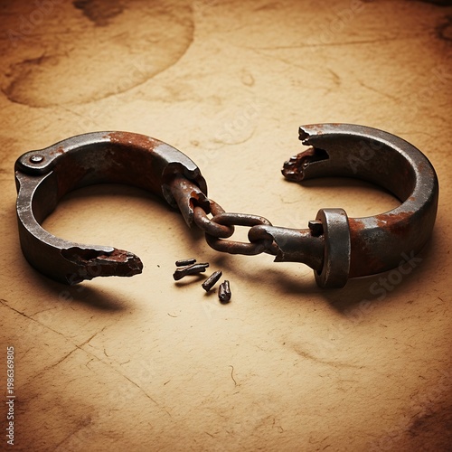 Broken rusty shackles on textured background with breaking free
