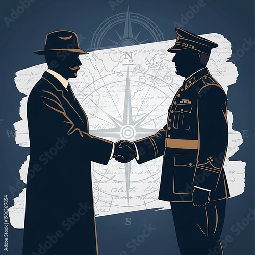 Two silhouettes shaking hands over old map with agreement, handshake
