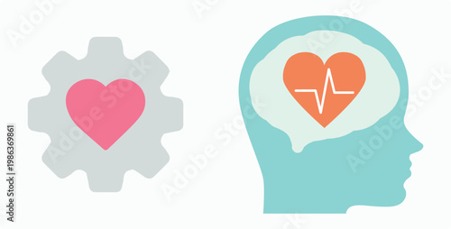 Brain, heartbeat, well-being, wellness, gear, love, heart. World Mental Health Day, psychiatry, medicine, psychology. Emotions, feelings, mind, health. Set, vector, illustration