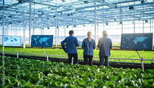 Innovators Analyze Data in a High-Tech Greenhouse, Advancing Sustainable Agriculture and Food Production Through Modern Farming Solutions