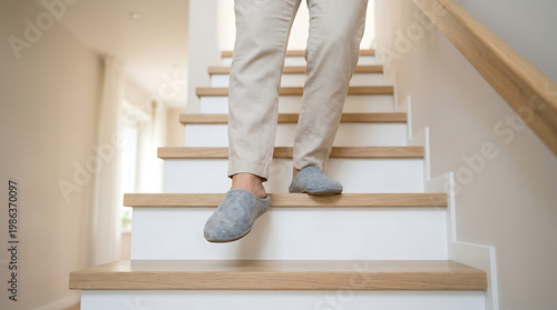 close up of an elderly woman feet in grey slippers carefully walking down wooden stairs at home representing senior safety fall prevention and aging in place concept