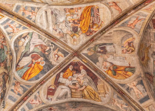 Vault frescoes with Stories of the Virgin by Giovanni Maria Zaffoni (il Calderari), Montereale Mantica Chapel, Pordenone Cathedral, Italy.