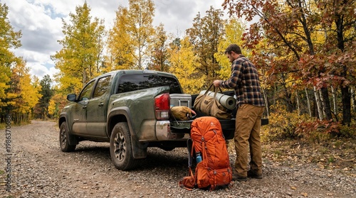 Man loading camping gear into pickup truck on a gravel road surrounded by vibrant autumn trees, preparing for an outdoor adventure.