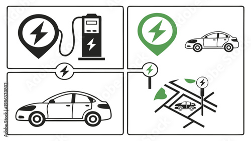 Electric Vehicle Charging Icons Set – EV Car, Charging Station, Plug Symbol Collection