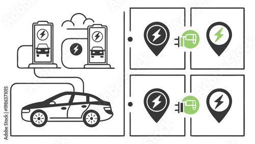 Electric Vehicle Charging Icons Set – EV Car, Charging Station, Plug Symbol Collection