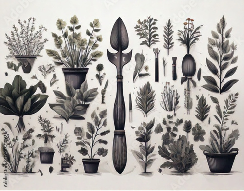 Collection of pixel art plants and gardening tools.