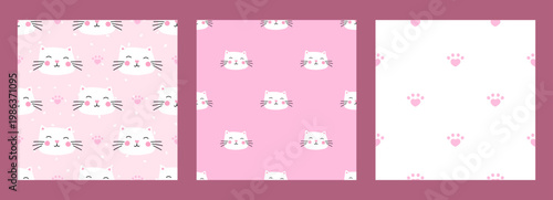 Vector seamless head of cute cat face for animal. Kawai pattern and background with fun whiskers and valentine. Gift theme through happy graphic love nursery style baby kitten illustration.