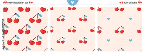 Seamless cherry love drawing with fruit print pattern vector cute. Heart and sweet spring ornament for childrens simple baby cherries. Food wallpaper through hand illustration by graphic fashion.