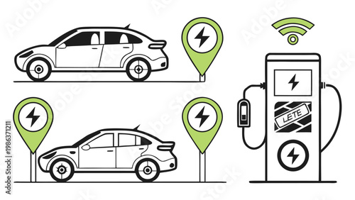 Electric Vehicle Charging Icons Set – EV Car, Charging Station, Plug Symbol Collection