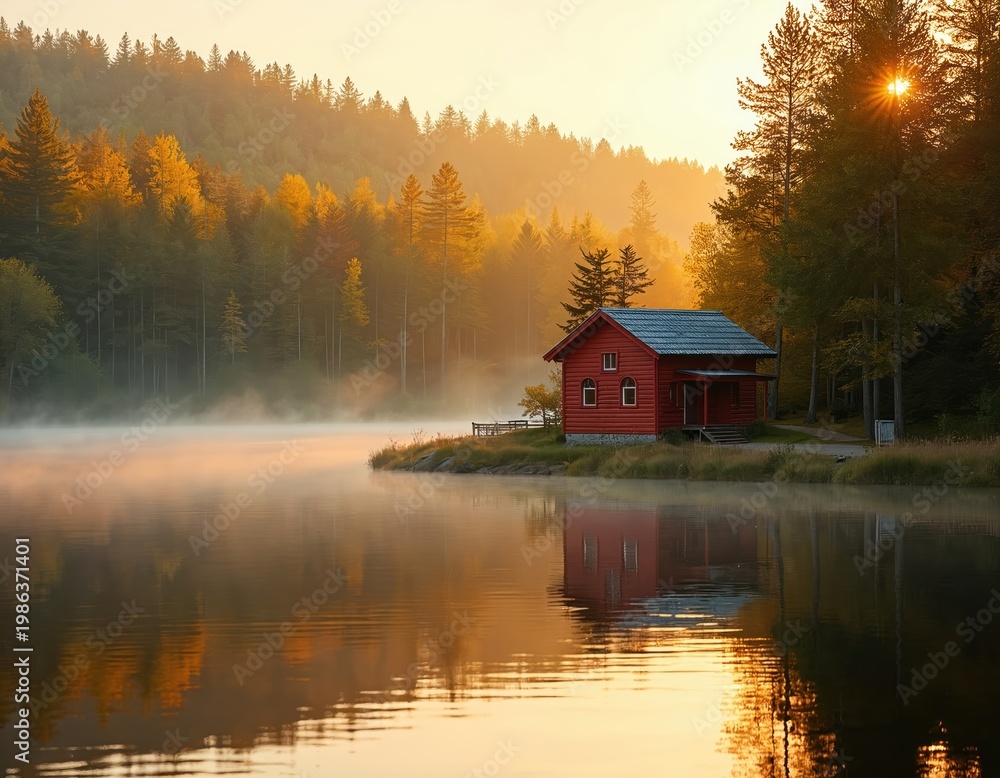 Fototapeta premium Red cabin beside tranquil lake at sunrise. Mist rises from water reflecting warm sunbeams. Pine forest borders peaceful shore, creating serene natural scene.