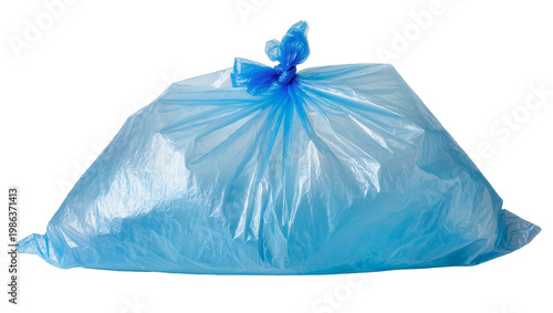 Full blue plastic garbage bag tied with a knot, isolated on transparent background