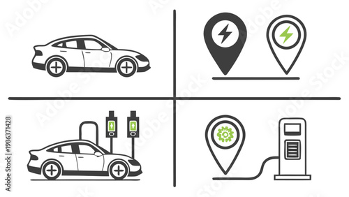 Electric Vehicle Charging Icons Set – EV Car, Charging Station, Plug Symbol Collection