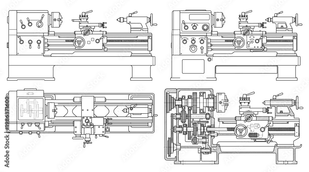 Fototapeta premium Lathe Machine Industrial Tool Technical Drawing Blueprint, Front Side Top and Internal Cross-Sectional Views Line Art Vector