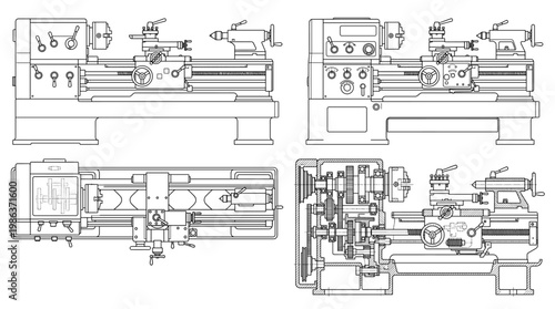 Lathe Machine Industrial Tool Technical Drawing Blueprint, Front Side Top and Internal Cross-Sectional Views Line Art Vector