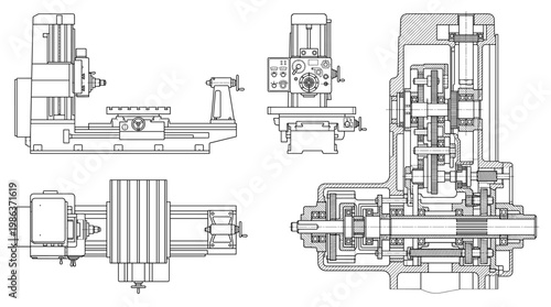 Boring Machine Industrial Equipment Technical Drawing Blueprint, Front Side Top and Internal Cross-Sectional Views Line Art Vector