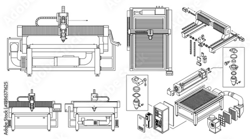 Laser Cutting Machine Industrial Technology Technical Drawing Blueprint, Front Side Top and Internal Cross-Sectional Views Line Art Vector