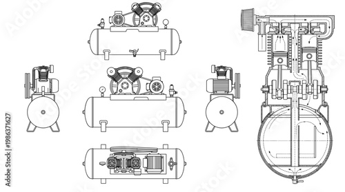 Air Compressor Industrial Tool Technical Drawing Blueprint, Front Side Top and Internal Cross-Sectional Views Line Art Vector