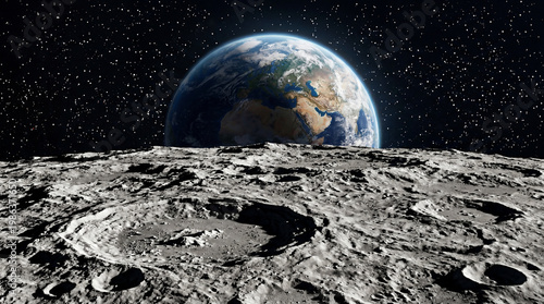 Planeta Terra e Lua no espaço com arte digital gerada por inteligência artificial