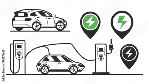 Electric Vehicle Charging Icons Set – EV Car, Charging Station, Plug Symbol Collection
