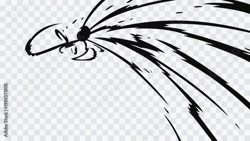 Abstract radial energy burst with curved motion lines flowing from a central point.