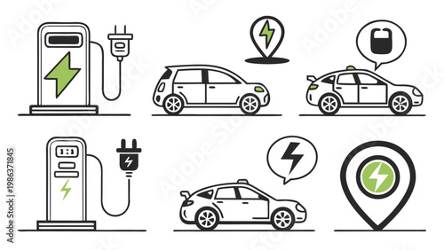 Electric Vehicle Charging Icons Set – EV Car, Charging Station, Plug Symbol Collection