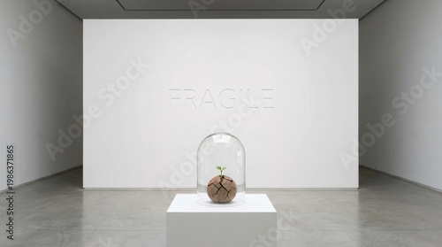 Conceptual museum exhibit featuring a small green sprout growing from cracked earth inside a glass bell jar. The word fragile is embossed on the white gallery wall in a minimalist art installation.
