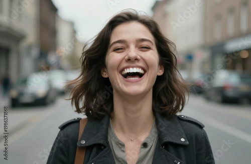 A young woman stands in the middle of a street feeling joy. She laughs freely while cars pass by and buildings line the background. The scene shows an urban moment Generative AI