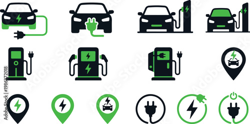 Electric Vehicle Charging Icons Set – EV Car, Charging Station, Plug Symbol Collection