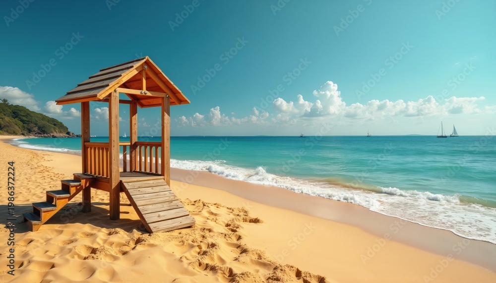 Obraz premium Wooden playhouse structure rests on sandy beach near calm ocean waters. Clear blue sky above with sailboats on horizon. Tropical island paradise scenery ideal for vacation themes and childs play.