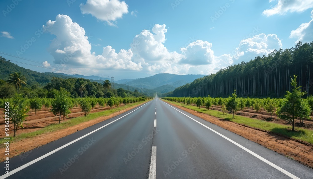 Fototapeta premium Long asphalt highway cuts through lush green plantations and dense forest under a bright blue sky with fluffy clouds. Scenic vista of agricultural land and nature in Thailand.