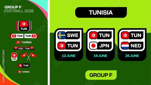 Football 2026 Group F Matches Tunisia, Sweden, Japan, Netherlands Team Fixtures Presented in Dynamic Stylized Design.
