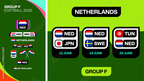 Netherlands, Japan, Sweden, Tunisia Group F Football 2026 match schedule and team branding set for dynamic tournament announcement.