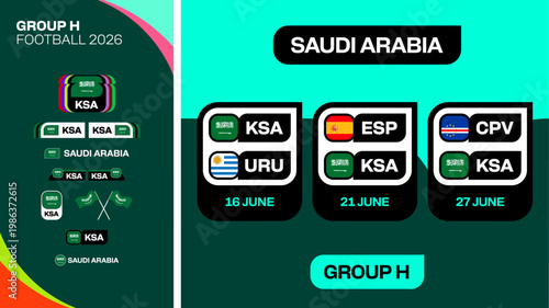 Football 2026 Group H Match Fixtures Announcement Vector Set for Saudi Arabia Team Tournament Presentation